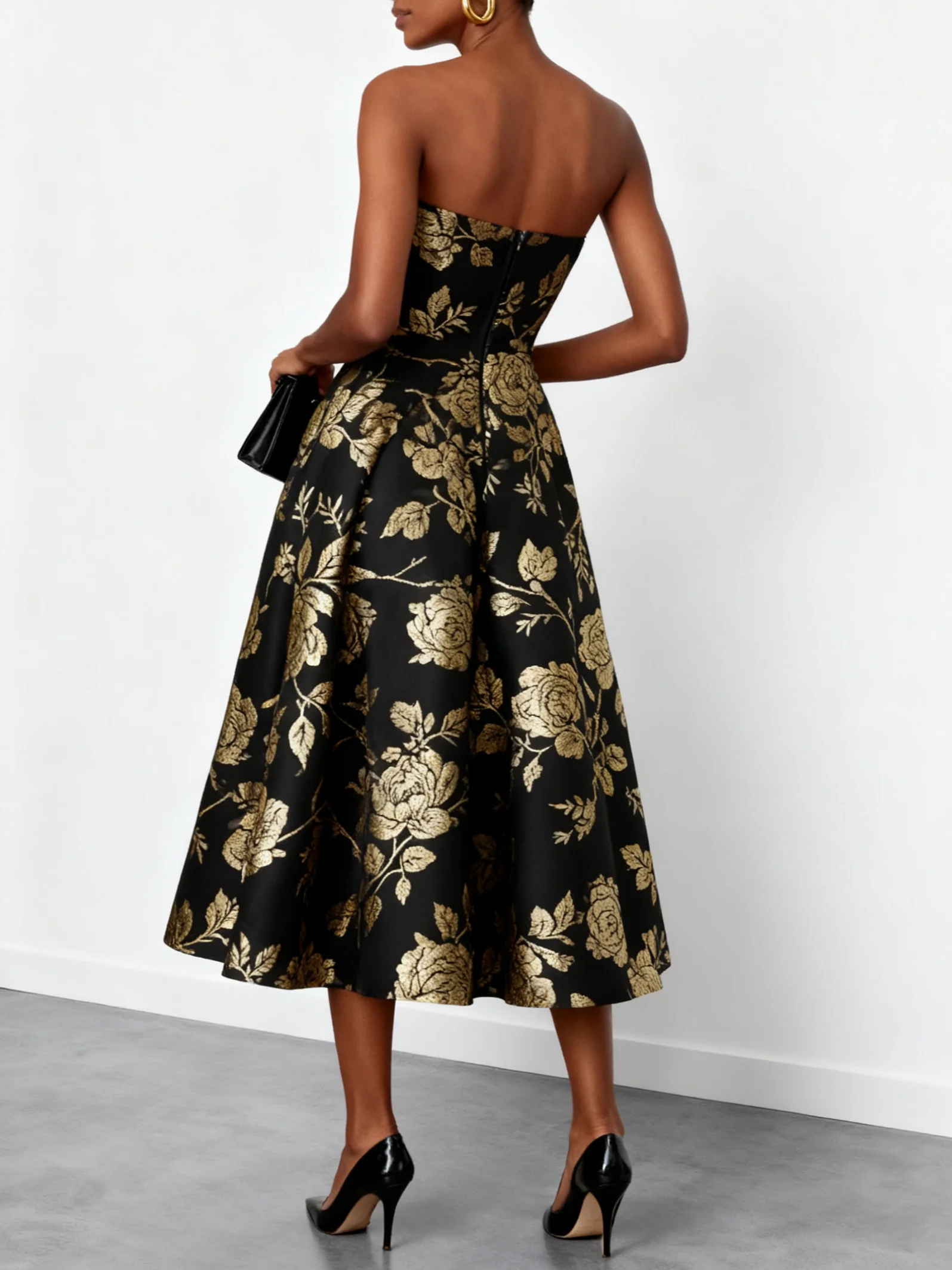 Black Gold Stamped Bronzing Floral Classic Strapless Sleeveless A-Line Midi Dress
