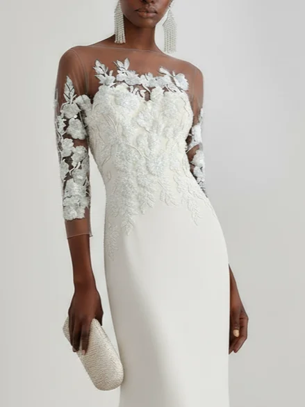 White Elegant Satin Lace Plain Three Quarter Sleeve Gown Wedding Dress 