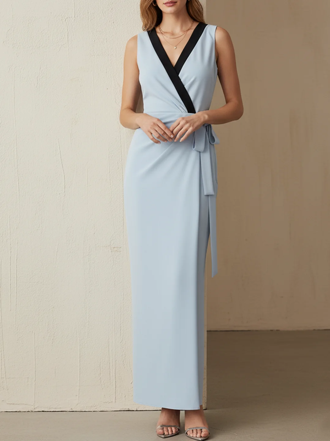 Light Blue Cotton Ruched Wrap Dress V Neck Sleeveless Sheath Maxi Dress