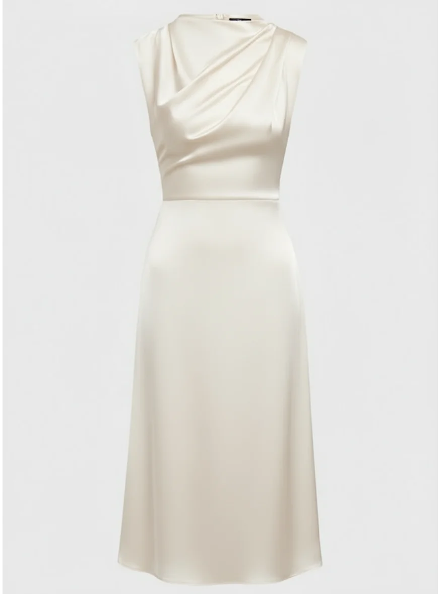 Red Satin Mock Neck Sleeveless A-Line Midi Dress