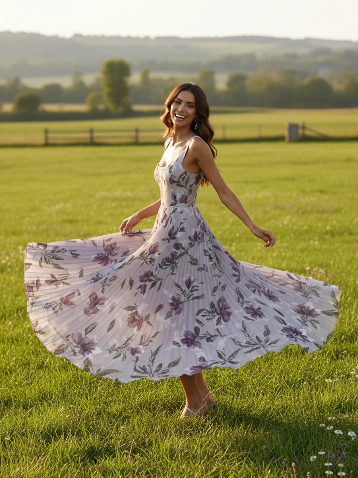 Purple Pleated Floral Chiffon Square Neck Sleeveless A-Line Maxi Dress