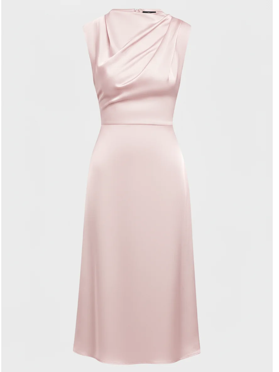 Pink Satin Mock Neck Sleeveless A-Line Midi Dress