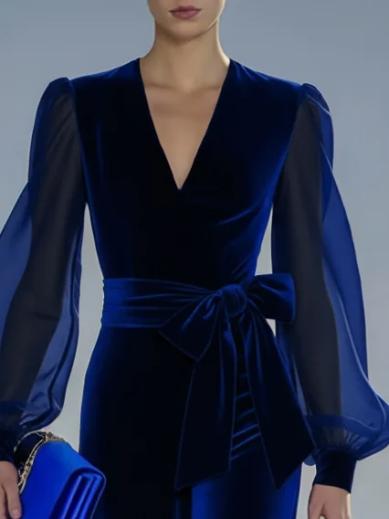 Navy Blue Velvet Split Joint Bow V Neck Long Sleeve Dressy Jumpsuit