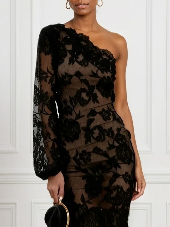 Black Jacquard Lace One Shoulder Long Sleeve Mermaid Maxi Dress