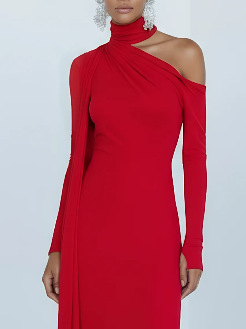 Red Lace-up Knit One Shoulder Long Sleeve Sheath Maxi Dress