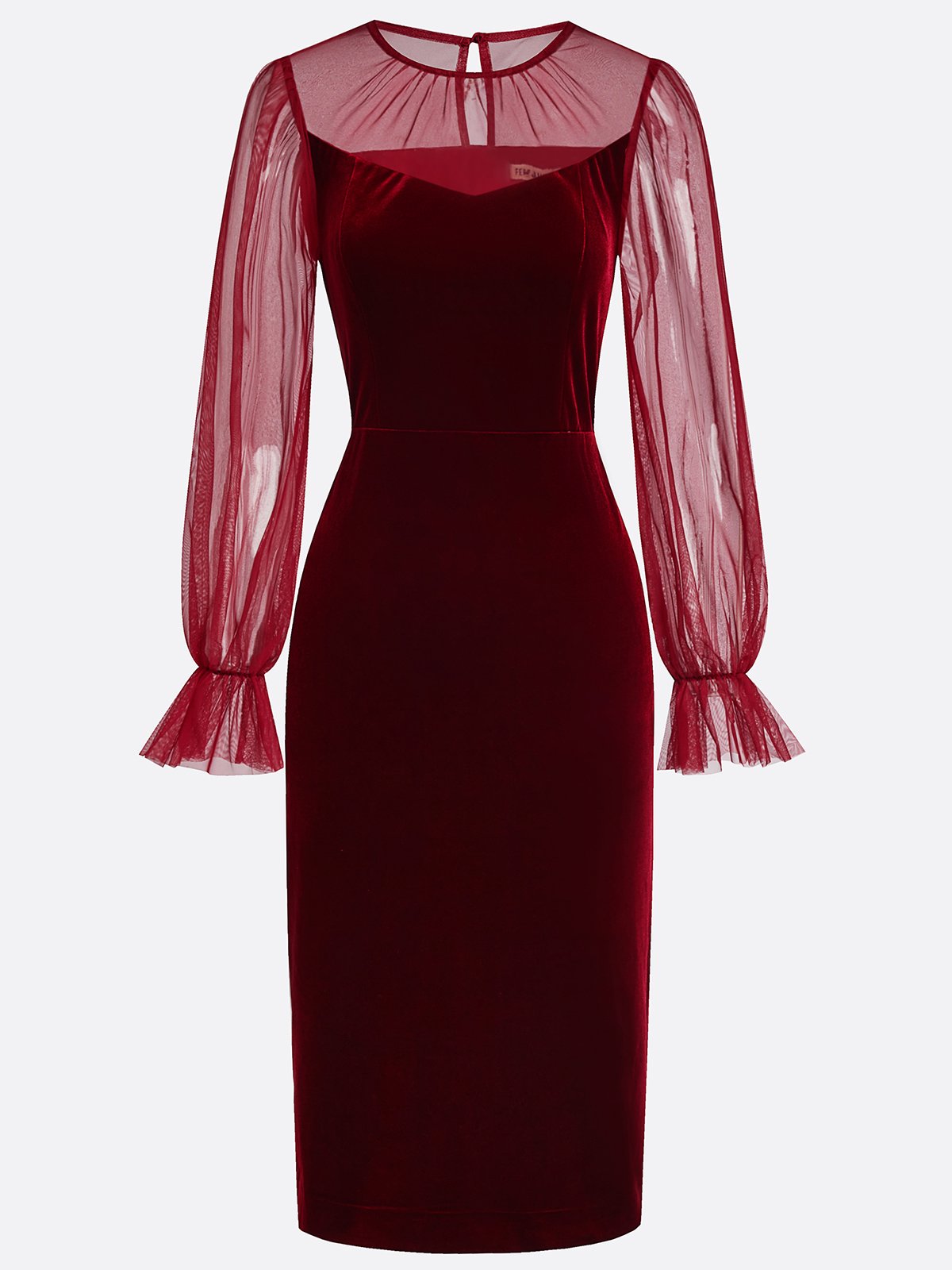Wine Red Mesh Velvet Crew Neck Long Sleeve Bell Sleeve Sheath Midi Dress