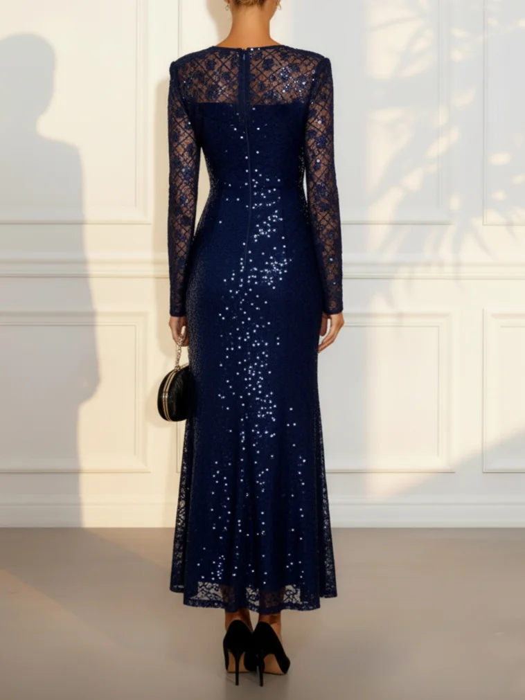 Navy Blue Lace Sequin Crew Neck Long Sleeve Sheath Maxi Dress