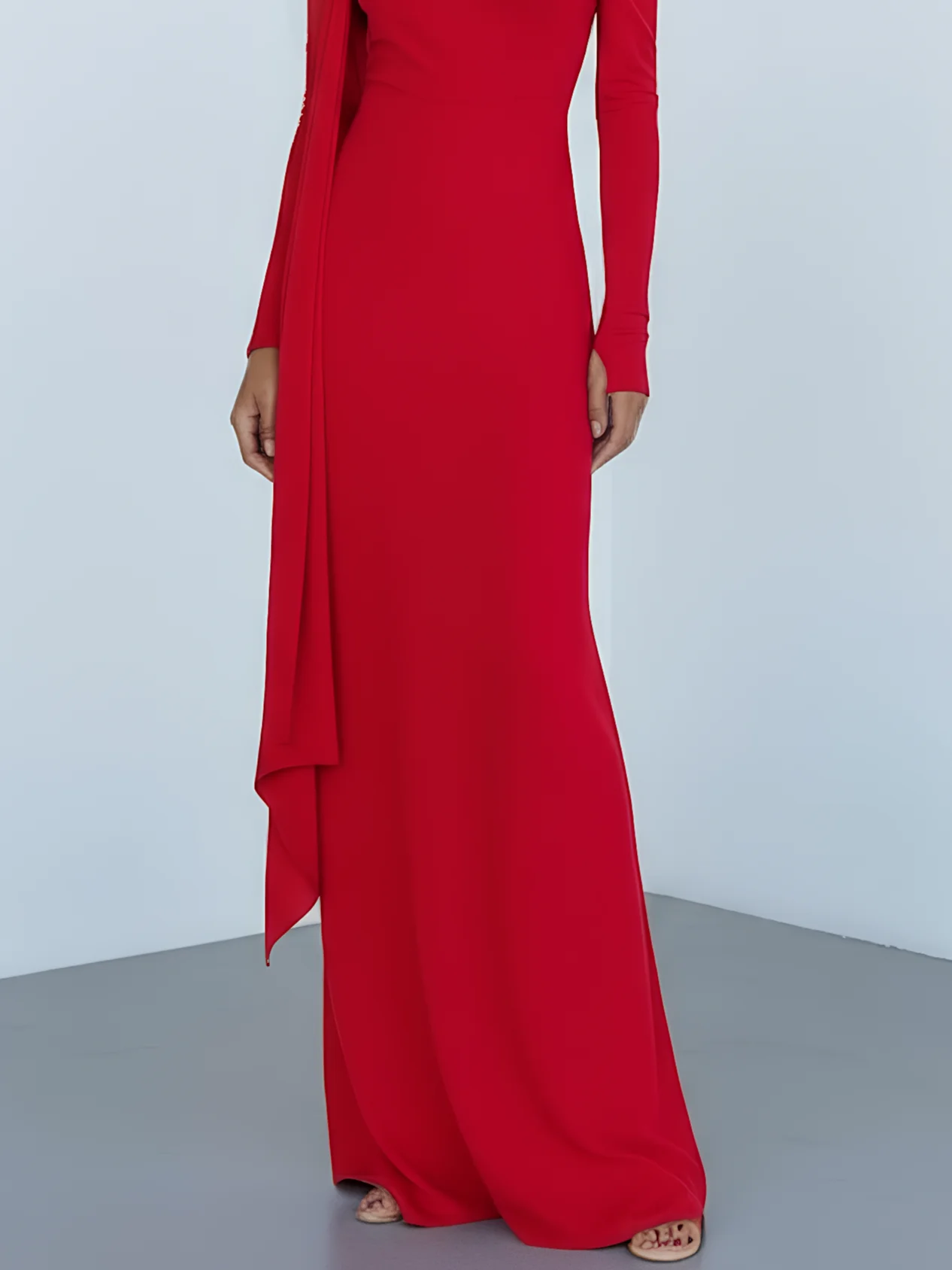 Red Lace-up Knit One Shoulder Long Sleeve Sheath Maxi Dress