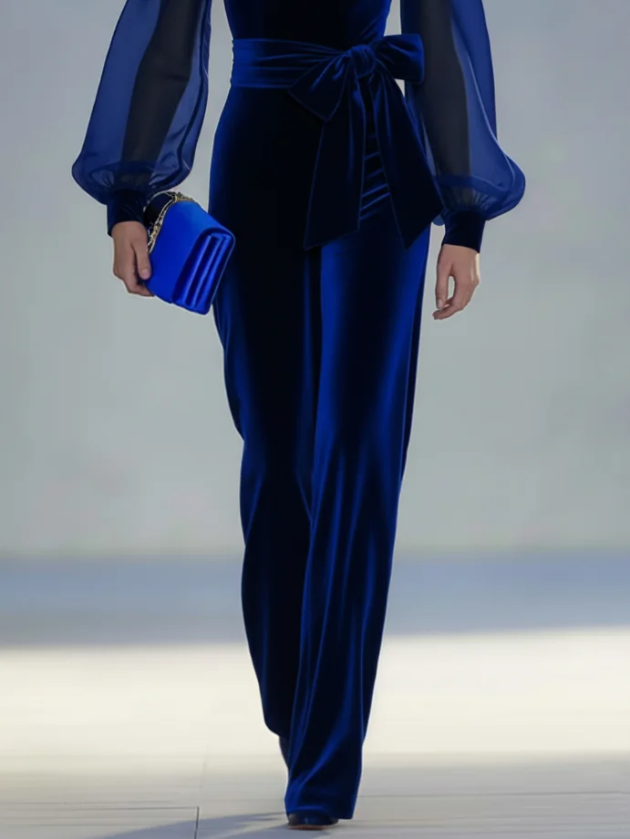 Navy Blue Velvet Split Joint Bow V Neck Long Sleeve Dressy Jumpsuit