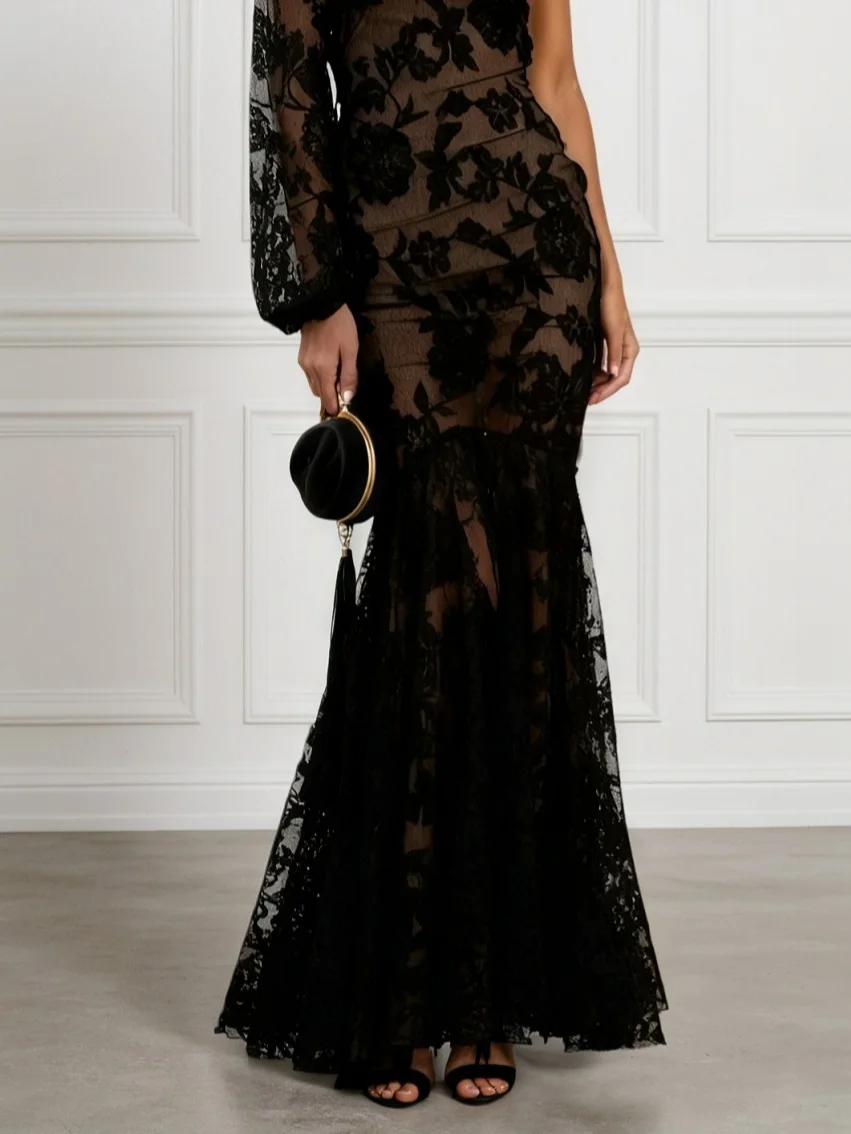 Black Jacquard Lace One Shoulder Long Sleeve Mermaid Maxi Dress