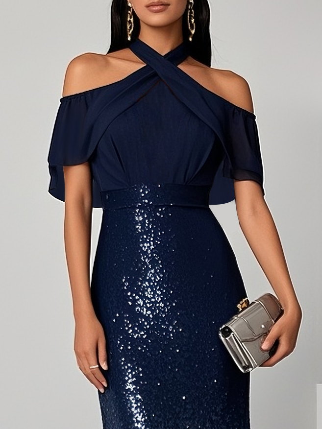 Navy Blue Sequin Cold Shoulder Short Sleeve Mermaid Maxi Dress