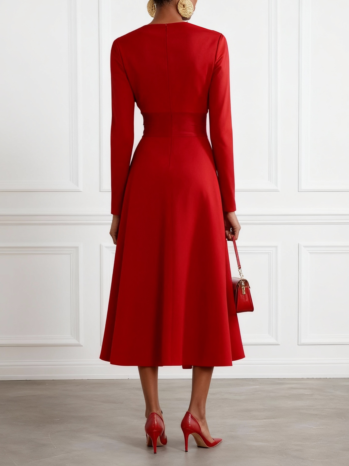 Red Classic Asymmetrical Long Sleeve A-Line Midi Dress
