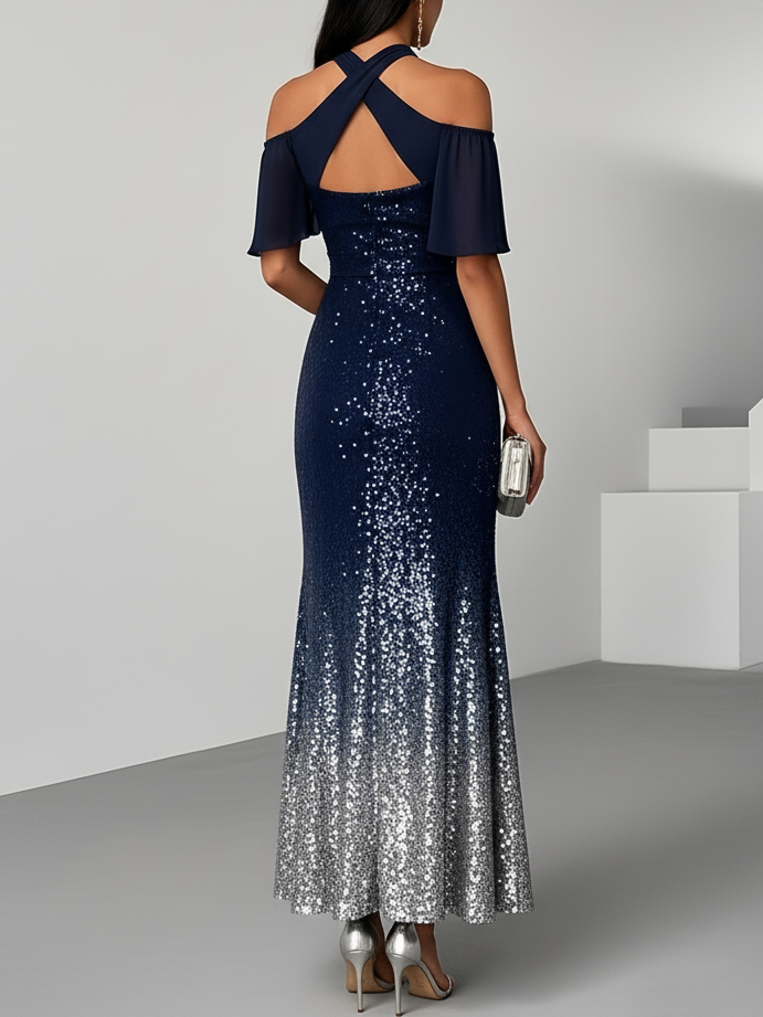 Navy Blue Sequin Cold Shoulder Short Sleeve Mermaid Maxi Dress