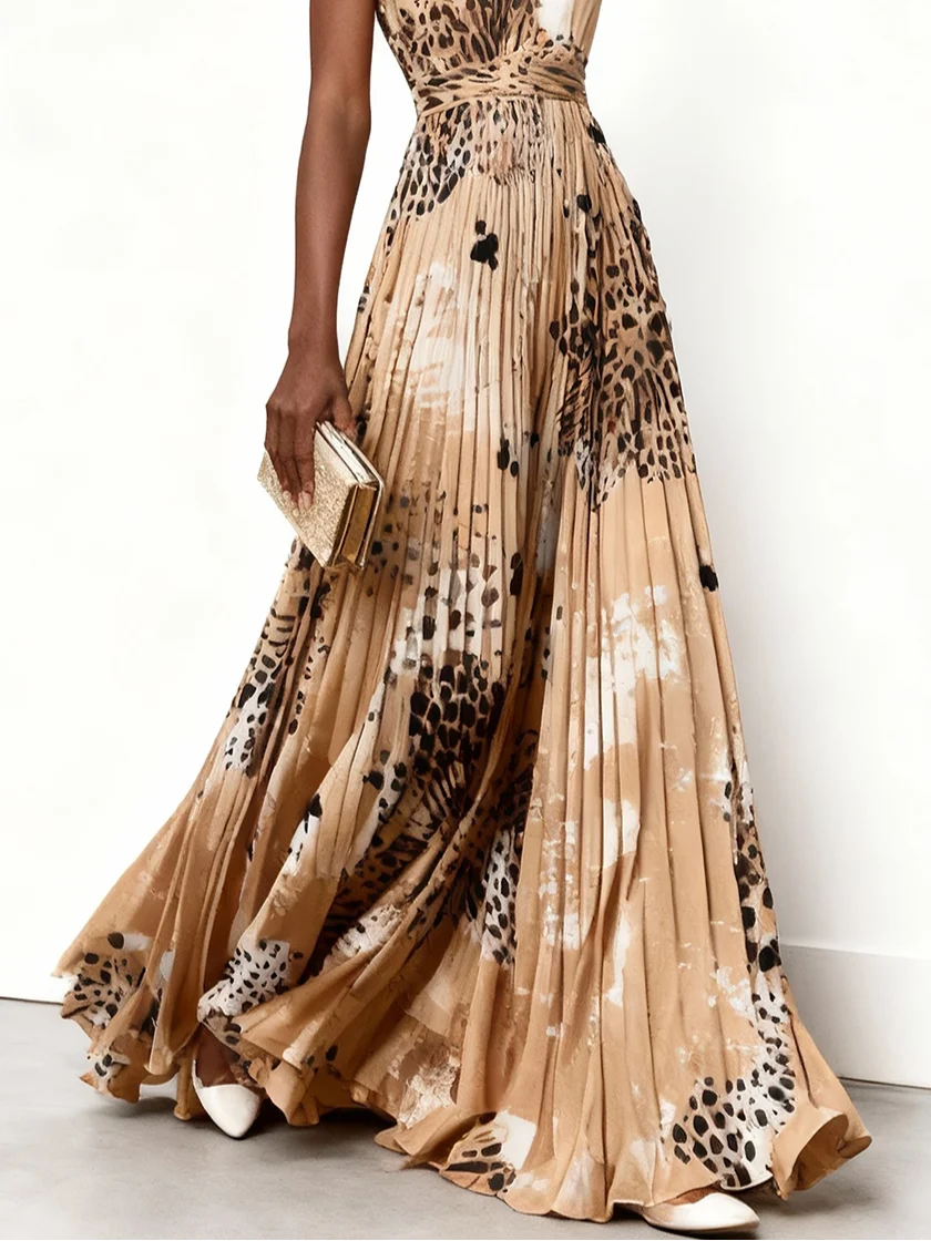 Apricot Pleated Floral Chiffon V Neck Sleeveless A-Line Maxi Dress