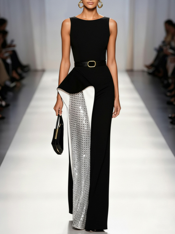 Black Glitter Split Joint Classic Crew Neck Sleeveless Sheath Maxi Dress