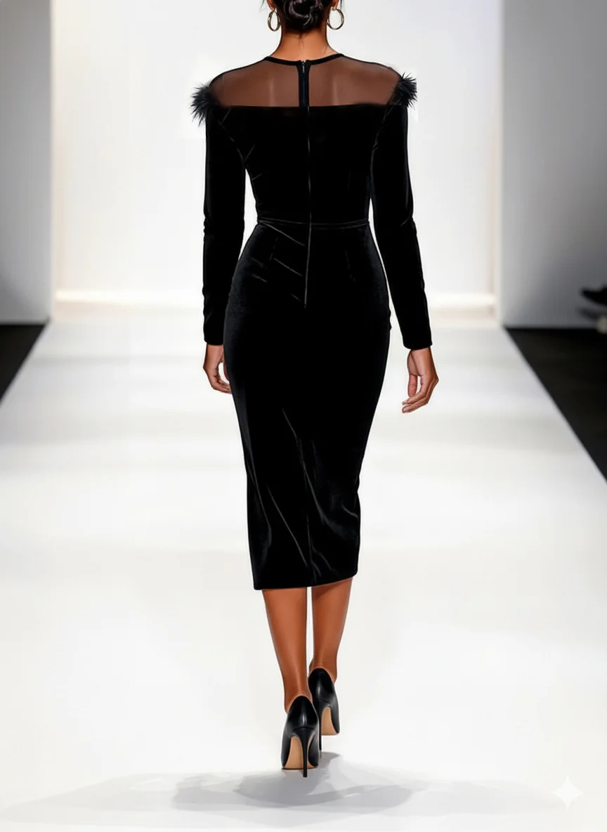 Black Feather-trimmed Mesh Velvet Crew Neck Long Sleeve Sheath Midi Dress