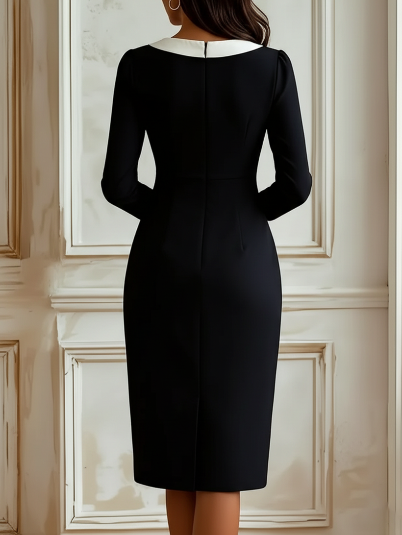 Black Bow Color Block Long Sleeve Sheath Midi Dress