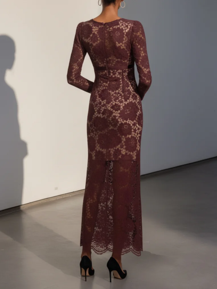 Burgundy Lace V Neck Long Sleeve Sheath Maxi Dress