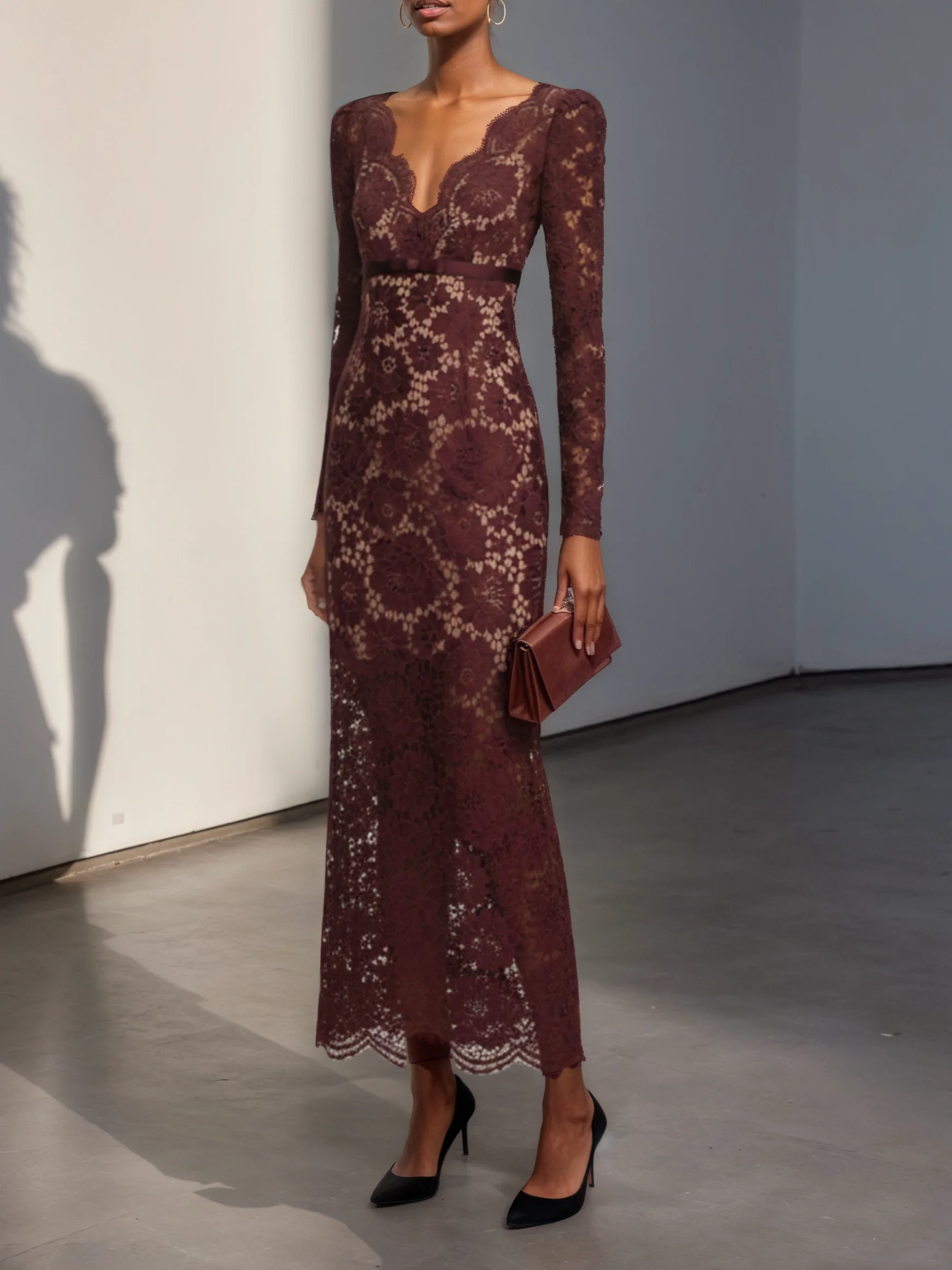 Burgundy Lace V Neck Long Sleeve Sheath Maxi Dress