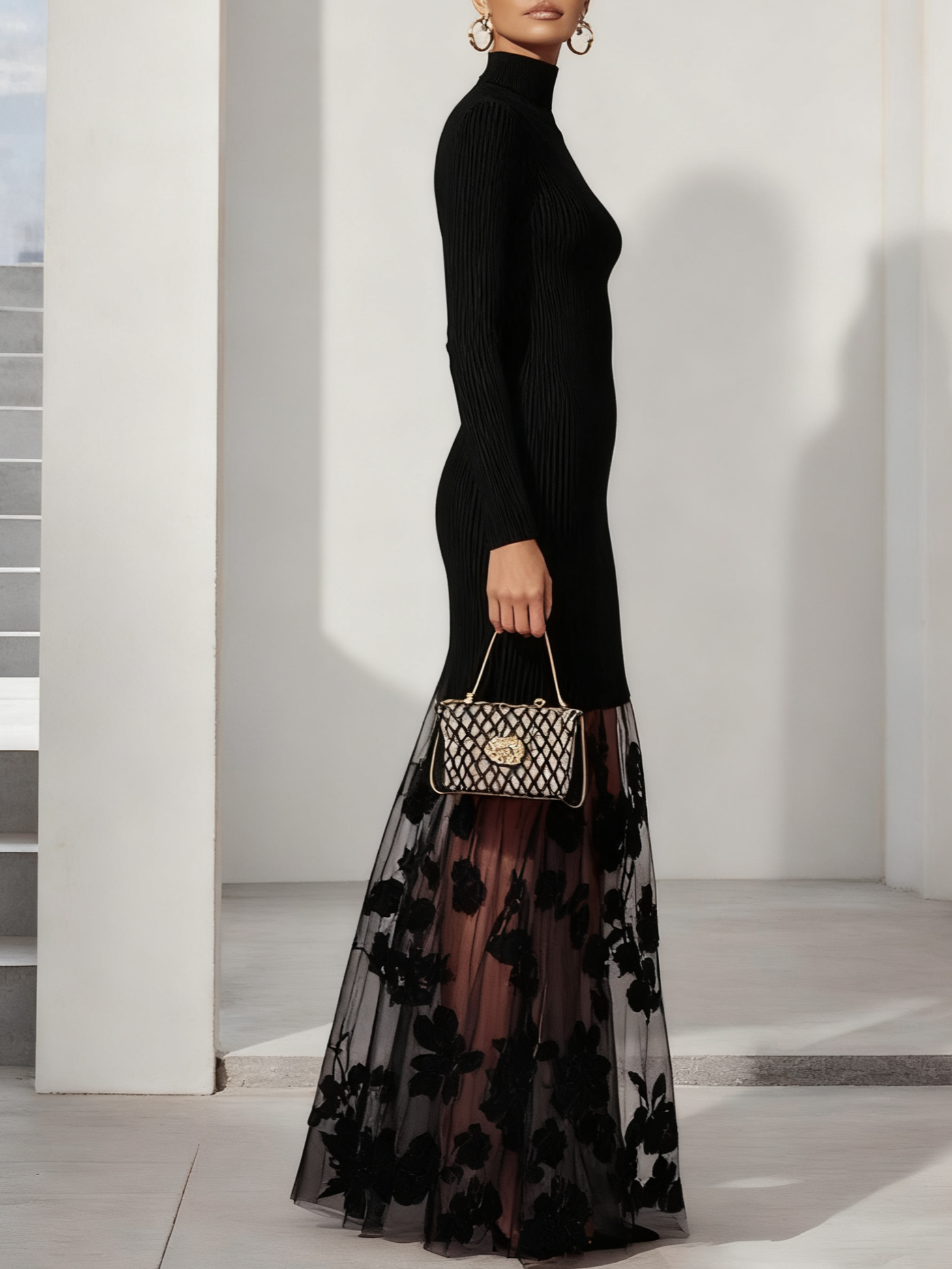 Black Mesh Floral Knit Mock Neck Long Sleeve A-Line Maxi Dress