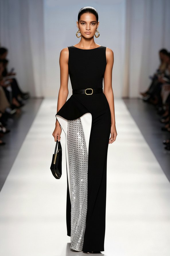 Black Glitter Sequin Split Joint Classic Crew Neck Sleeveless Sheath Maxi Dress