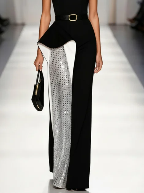 Black Glitter Split Joint Classic Crew Neck Sleeveless Sheath Maxi Dress