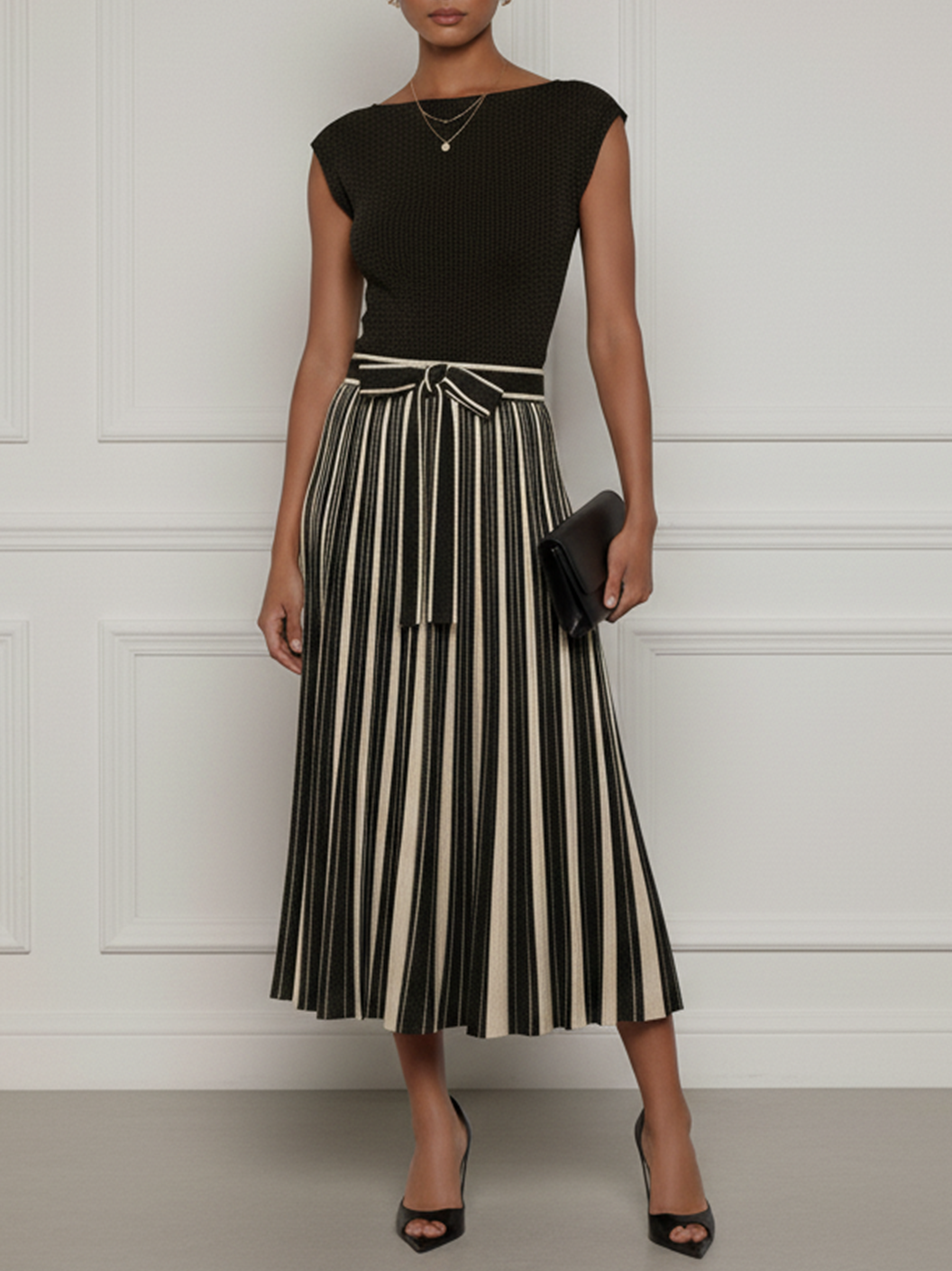 Black Bow Sweater Boat Neck Cap Sleeve A-Line Midi Dress