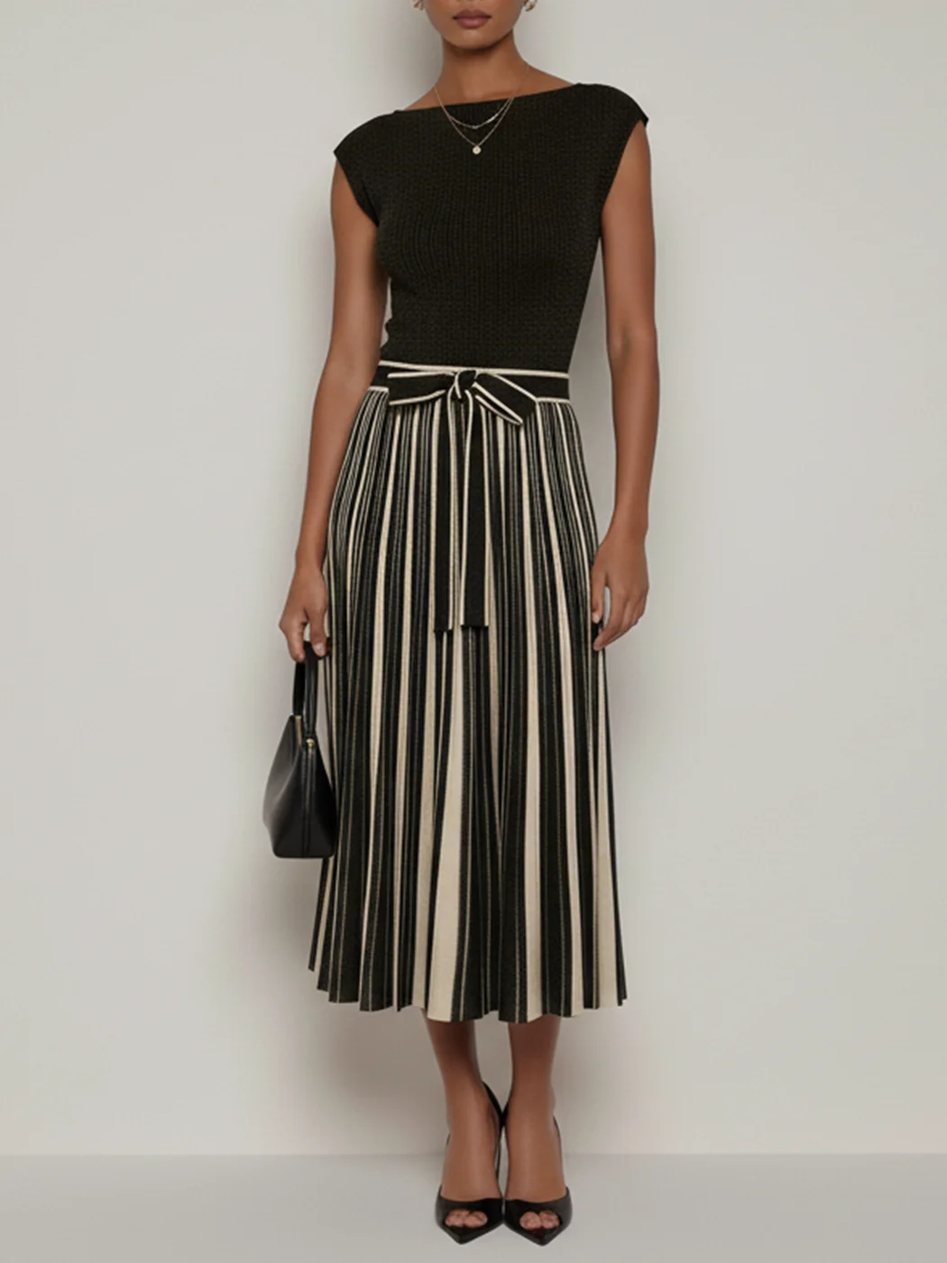 Black Bow Sweater Boat Neck Cap Sleeve A-Line Midi Dress