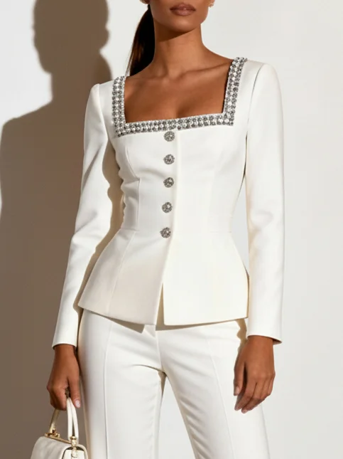 Women White Rhinestones Square Neck Long Sleeve Dressy Top With Pants Two-Piece Set