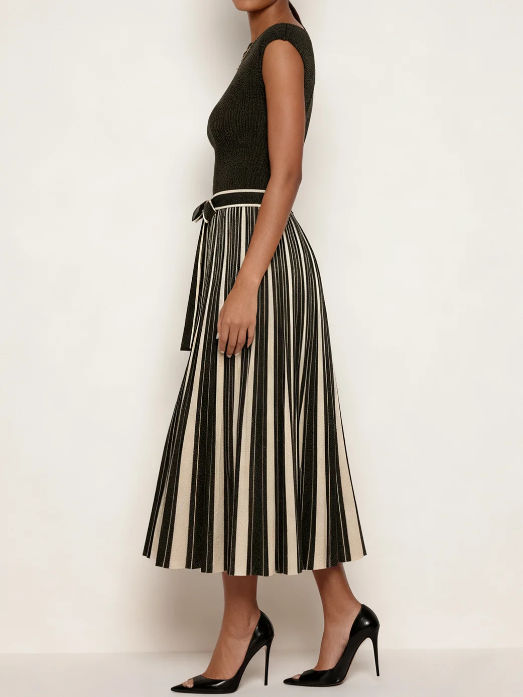 Black Bow Sweater Boat Neck Cap Sleeve A-Line Midi Dress