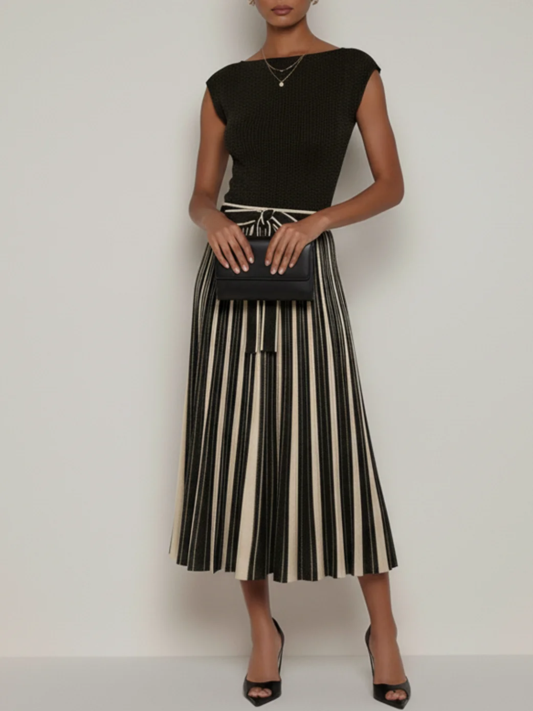 Black Bow Sweater Boat Neck Cap Sleeve A-Line Midi Dress