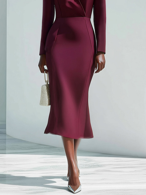 Fuchsia 3D Floral Classic Shawl Collar Long Sleeve Sheath Midi Dress