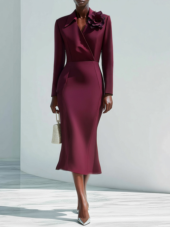 Fuchsia 3D Floral Classic Shawl Collar Long Sleeve Sheath Midi Dress