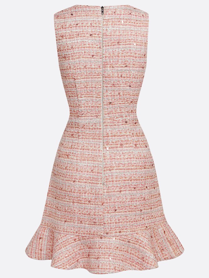 Pink Ruffled Tweed Crew Neck Sleeveless Sheath Mini Dress