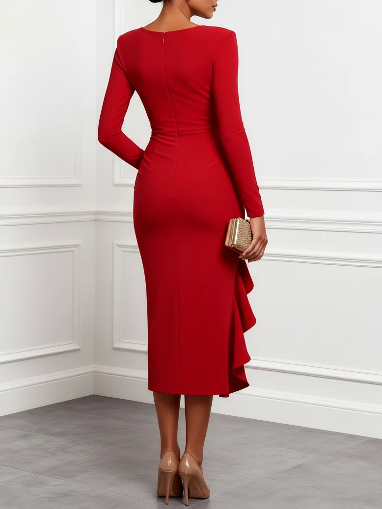 Red Ruffled Ruched Knit V Neck Long Sleeve Sheath Midi Dress