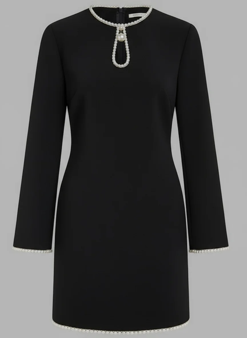 Black Faux Pearl Cut Out Classic Crew Neck Long Sleeve Shift Mini Dress