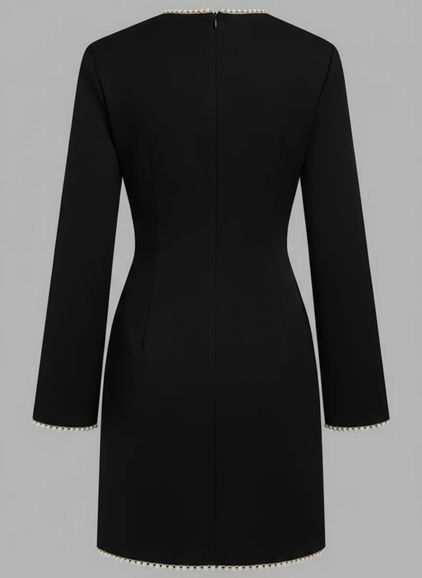 Black Faux Pearl Cut Out Classic Crew Neck Long Sleeve Shift Mini Dress