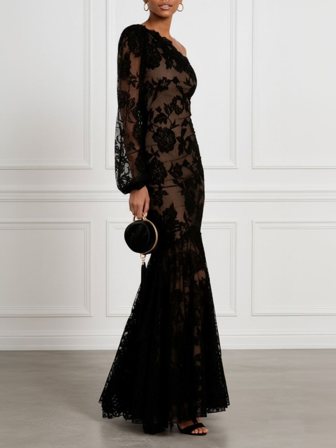 Black Jacquard Lace One Shoulder Long Sleeve Mermaid Maxi Dress