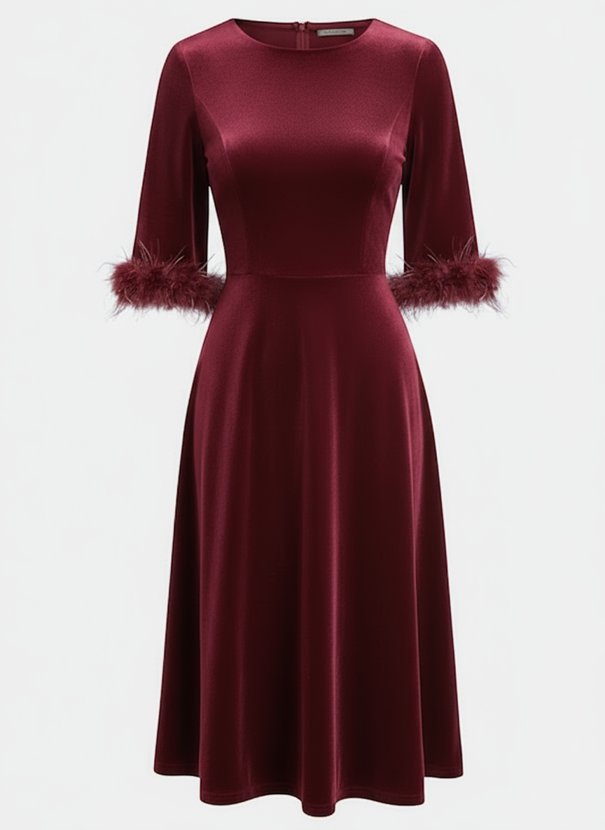 Wine Red Feather-trimmed Velvet Crew Neck Half Sleeve A-Line Midi Dress