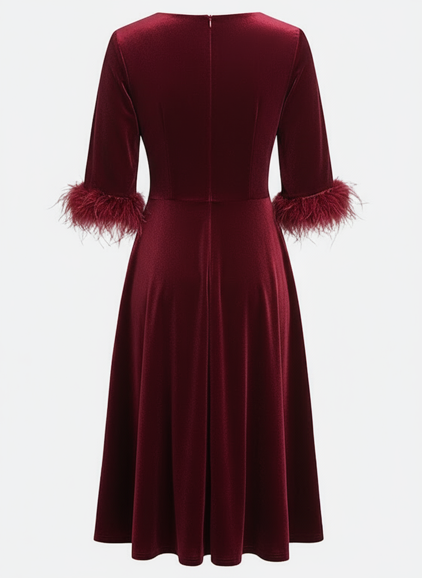 Wine Red Feather-trimmed Velvet Crew Neck Half Sleeve A-Line Midi Dress