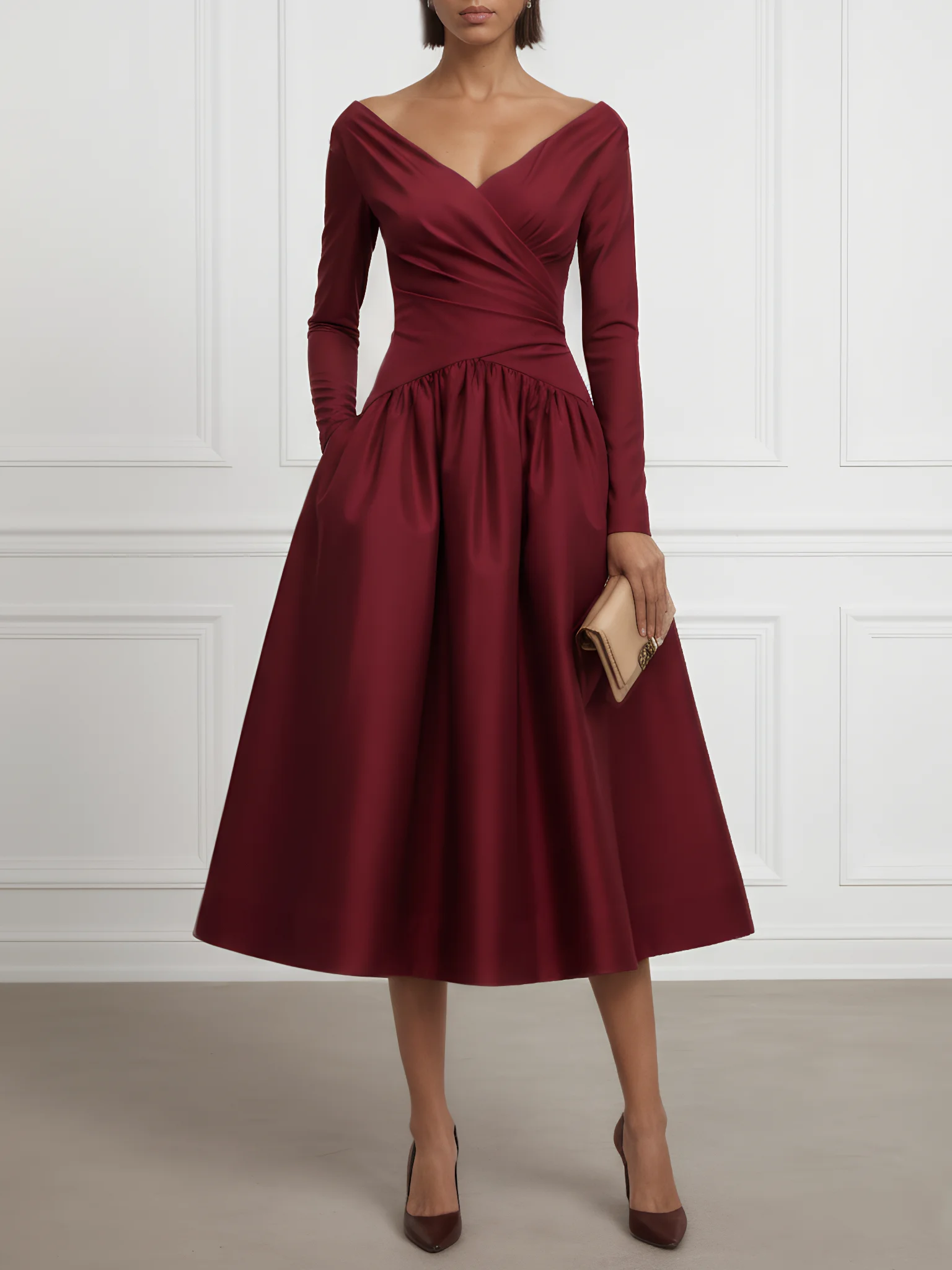 Burgundy Ruched Classic V Neck Long Sleeve A-Line Midi Dress