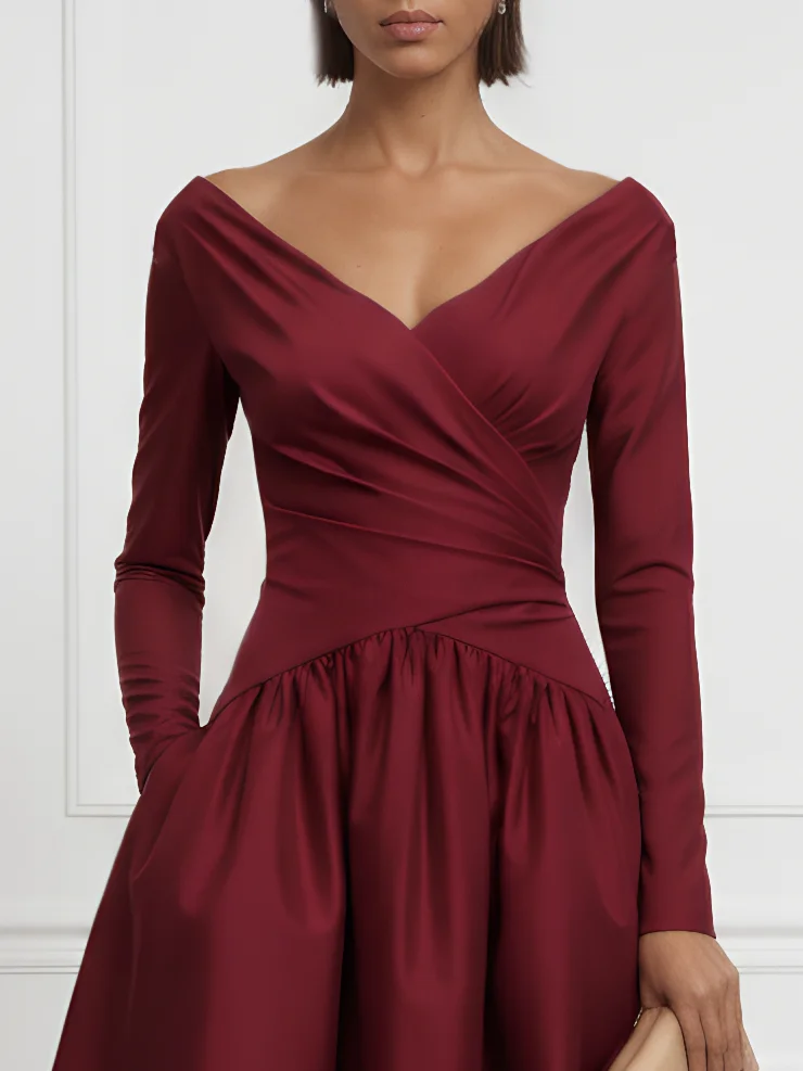 Burgundy Ruched Classic V Neck Long Sleeve A-Line Midi Dress