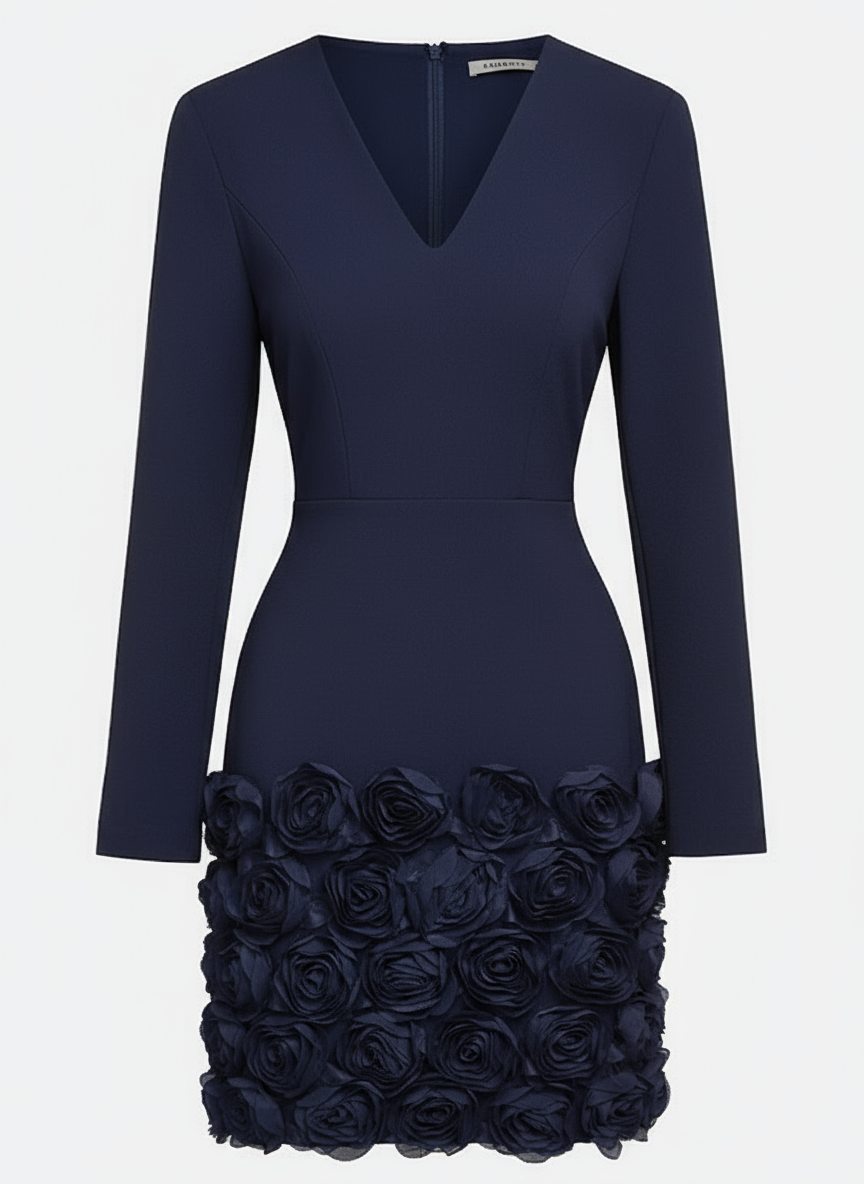 Navy Blue 3D Floral Classic V Neck Long Sleeve Sheath Mini Dress