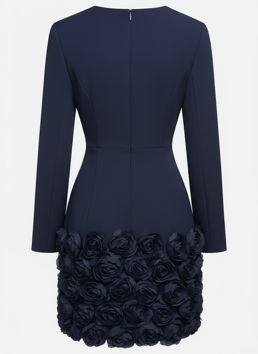 Navy Blue 3D Floral Classic V Neck Long Sleeve Sheath Mini Dress