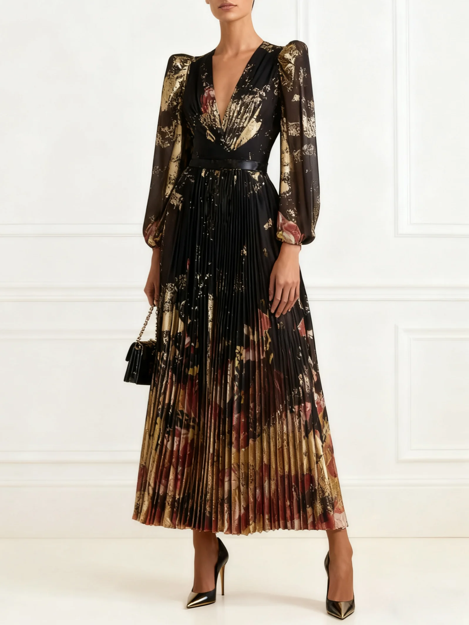 Black Floral Stamped Bronzing Chiffon V Neck Long Sleeve Balloon Sleeve A-Line Maxi Dress