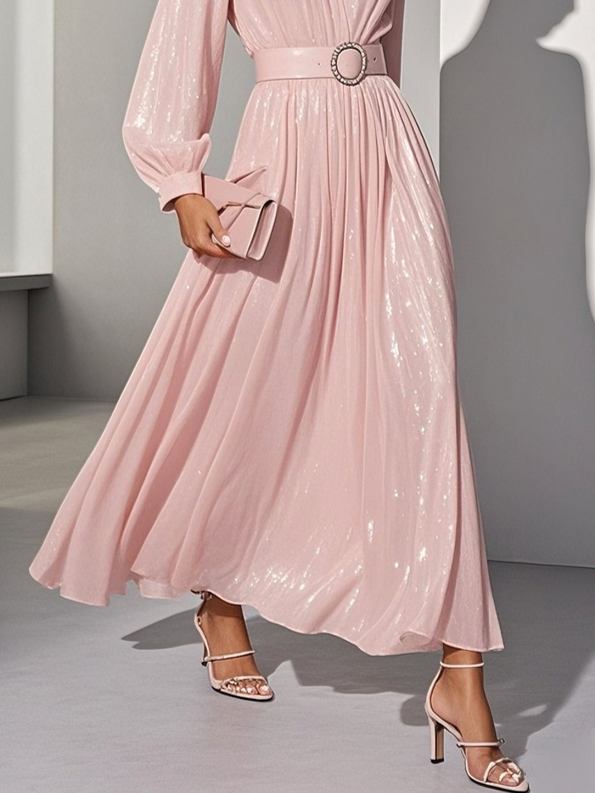 Light Pink Classic V Neck Long Sleeve Balloon Sleeve A-Line Maxi Dress