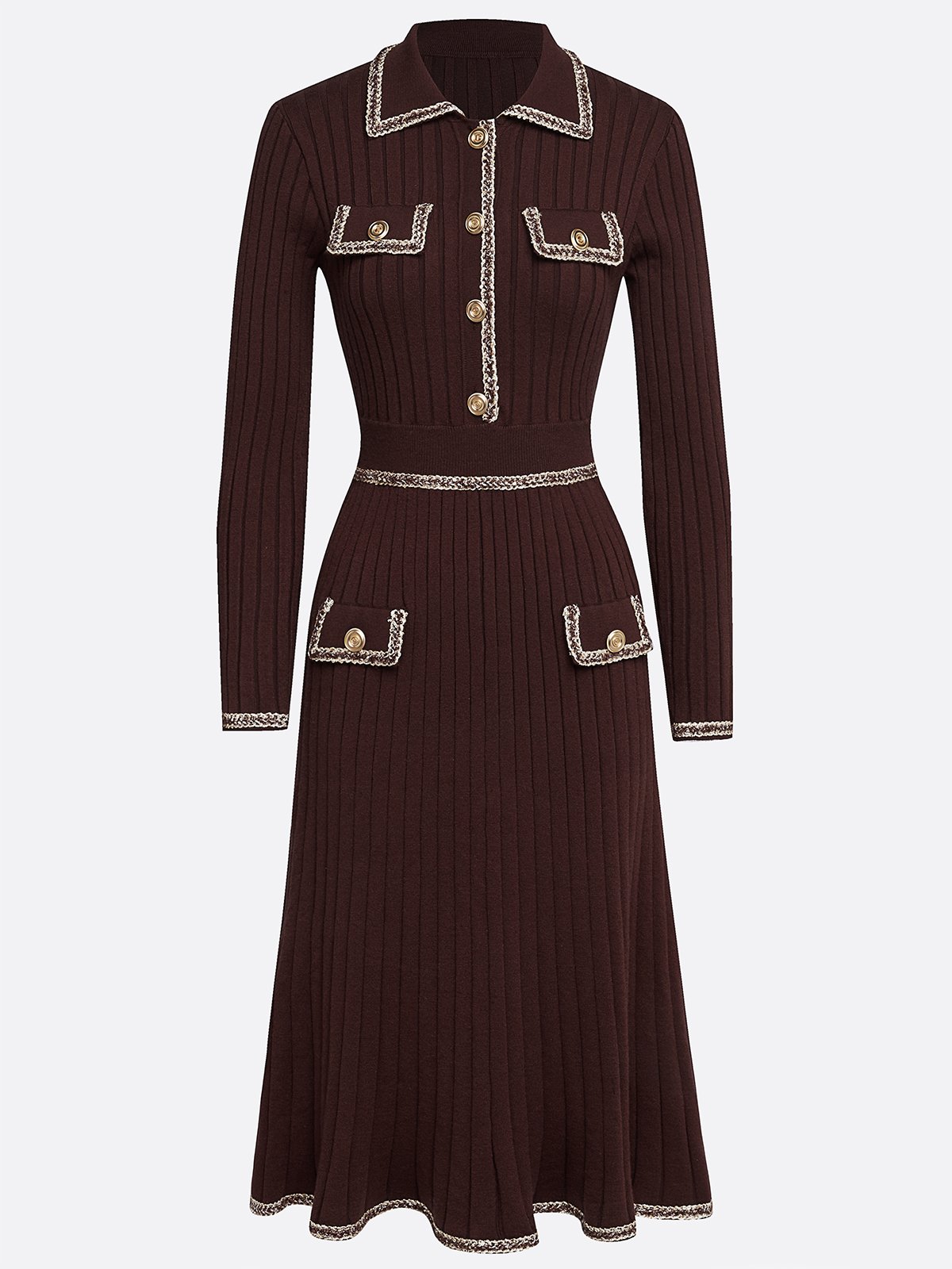Red Brown Piping Buckle Sweater Shawl Collar Long Sleeve A-Line Midi Dress