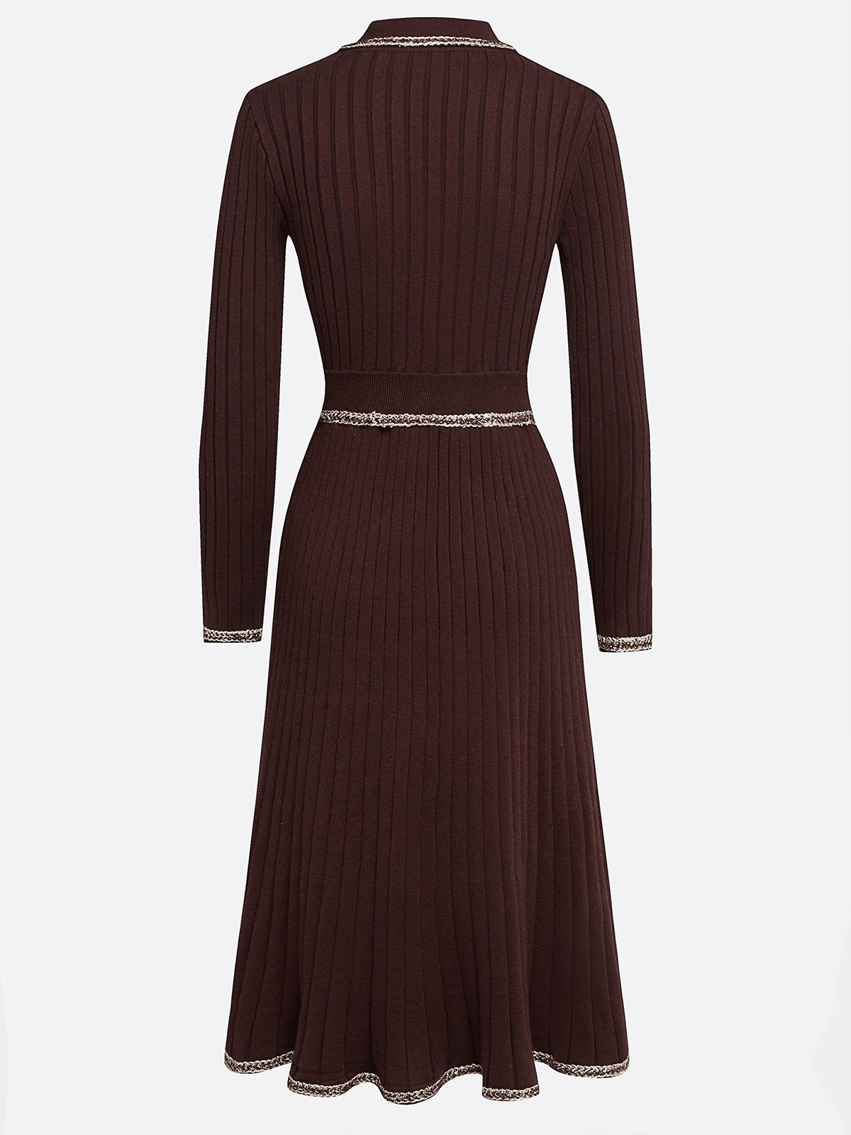 Red Brown Piping Buckle Sweater Shawl Collar Long Sleeve A-Line Midi Dress