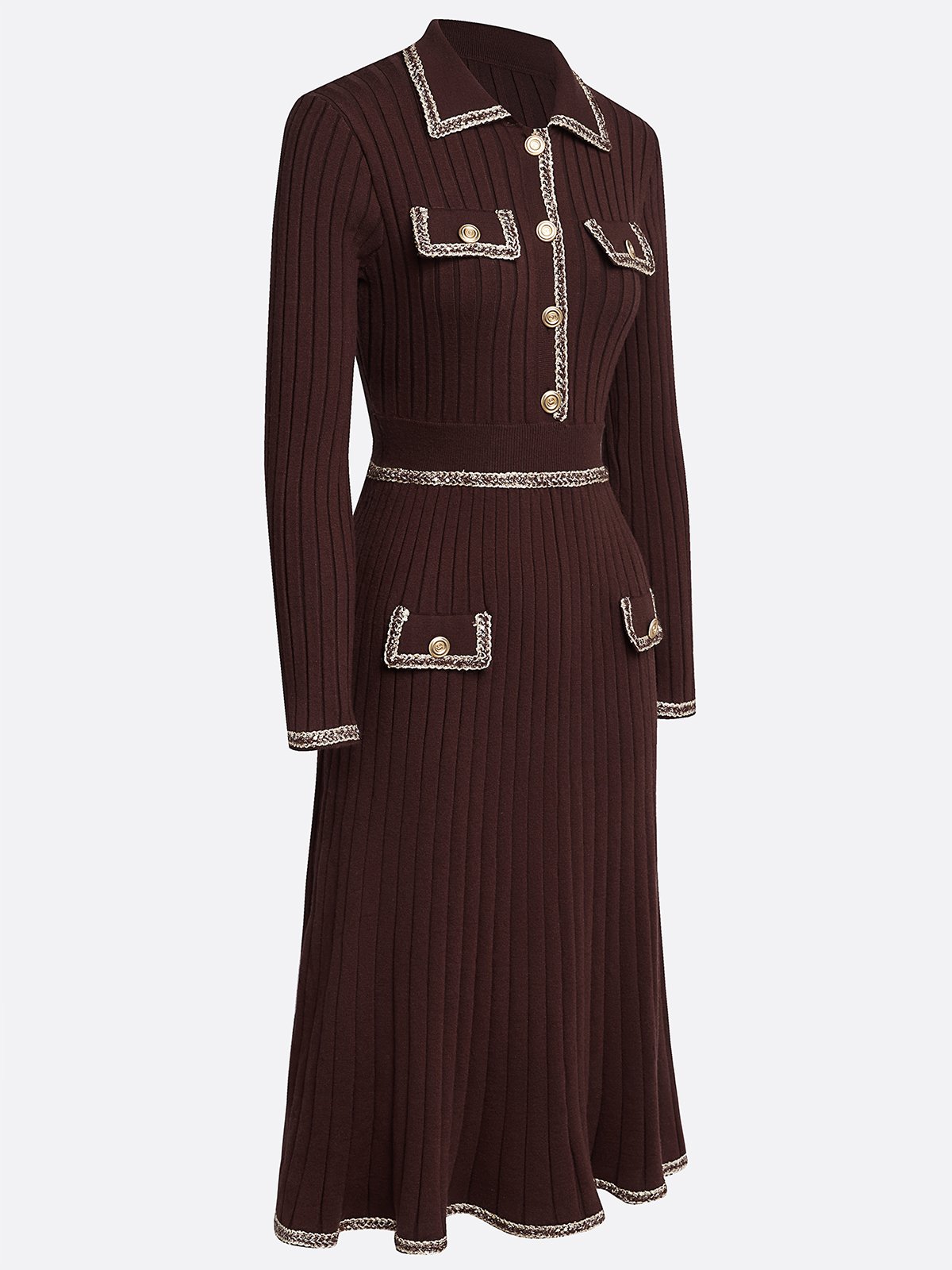 Red Brown Piping Buckle Sweater Shawl Collar Long Sleeve A-Line Midi Dress