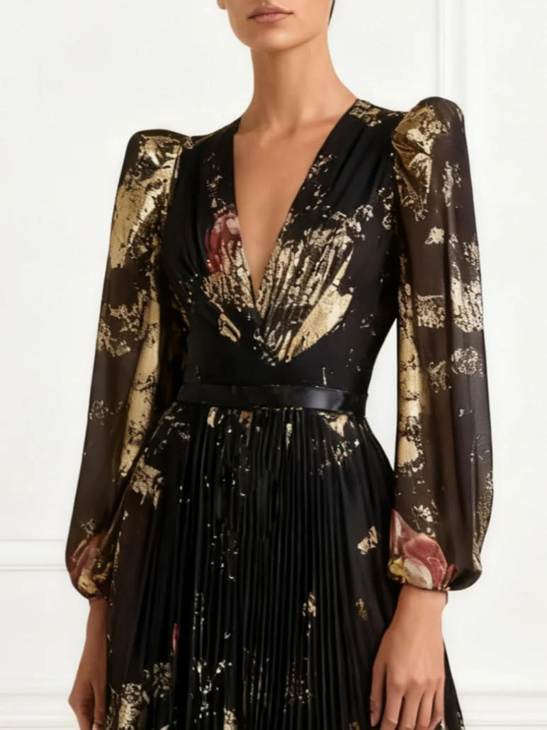 Black Floral Stamped Bronzing Chiffon V Neck Long Sleeve Balloon Sleeve A-Line Maxi Dress